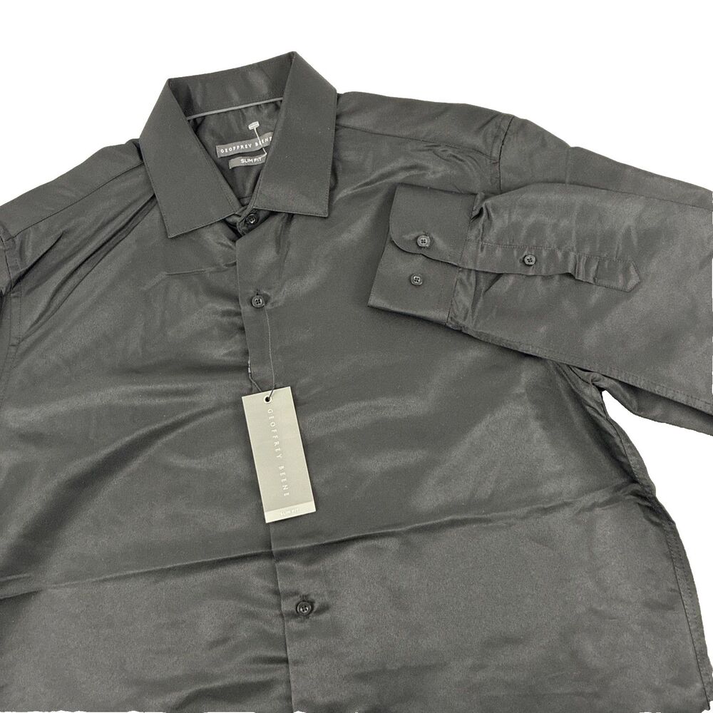 New Mens Geoffrey Beene Slim Fit Long Sleeve Button Up Shirt‎ Size Large Black